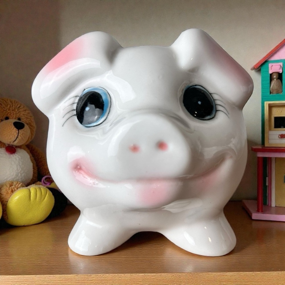 Vintage kitschy ceramic piggy bank, Japan, MCM anthropomorphic style